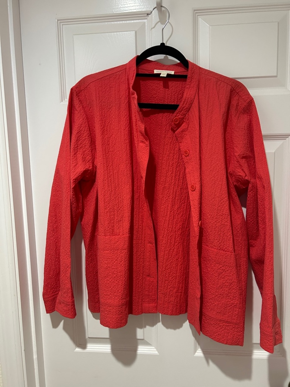 Eileen Fisher Coral-Red Textured Organic Cotton Jacket with pockets